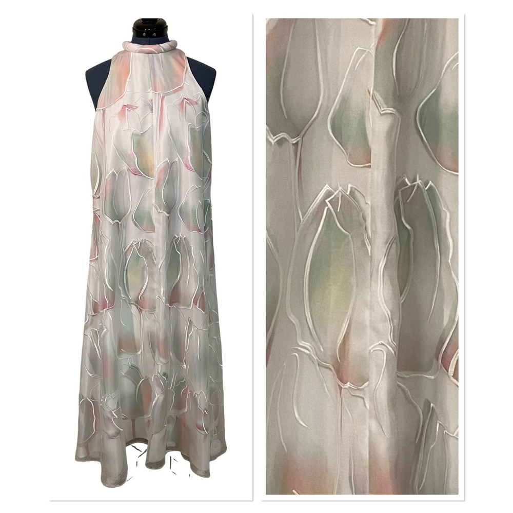 Diomi Silk Halter Maxi Dress Watercolor Floral‎ Pastel Ethereal Formal Fairy M